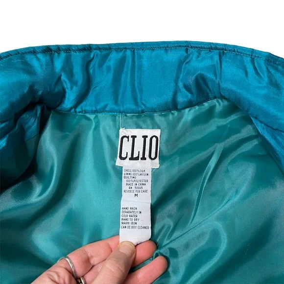 Clio Vintage Teal Quilted Silk Zip Up Jacket - Picture 4 of 6